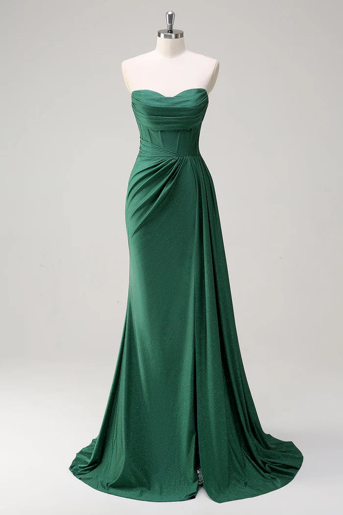 Weitese Dress Glitter Dark Green Strapless Mermaid Long Party Dress Maxi Dress Sleeveless With Slit Prom Dress